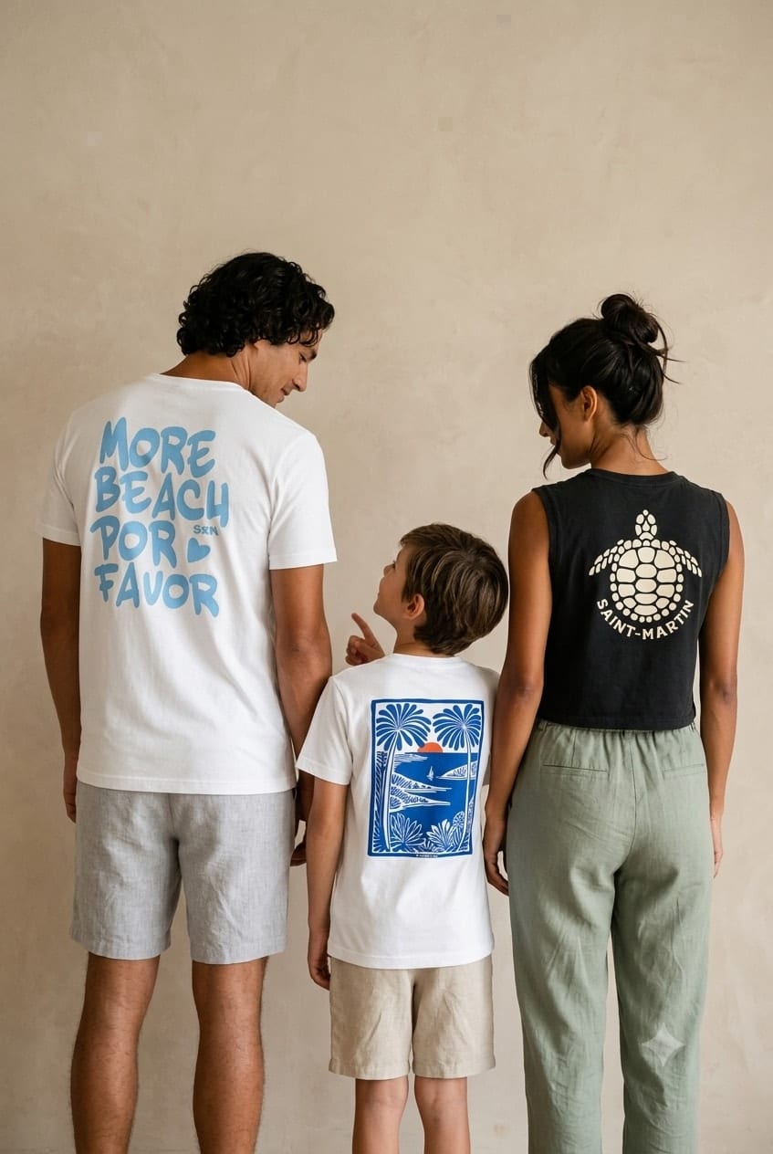 Une famille marche sur une plage de Saint-Martin, portant des t-shirts illustrés OLDA.