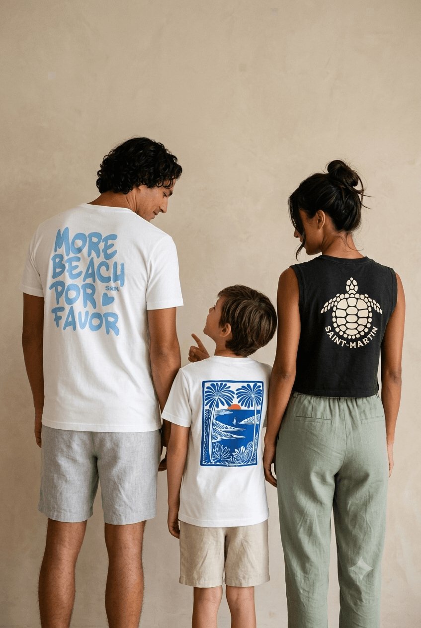 Une famille marche sur une plage de Saint-Martin, portant des t-shirts illustrés OLDA.